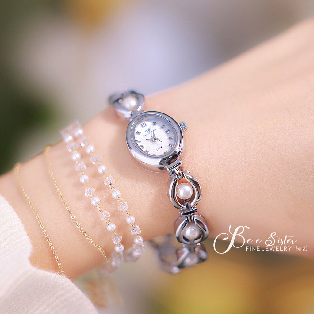 Oval Dial Pearl Link Bracelet Watch