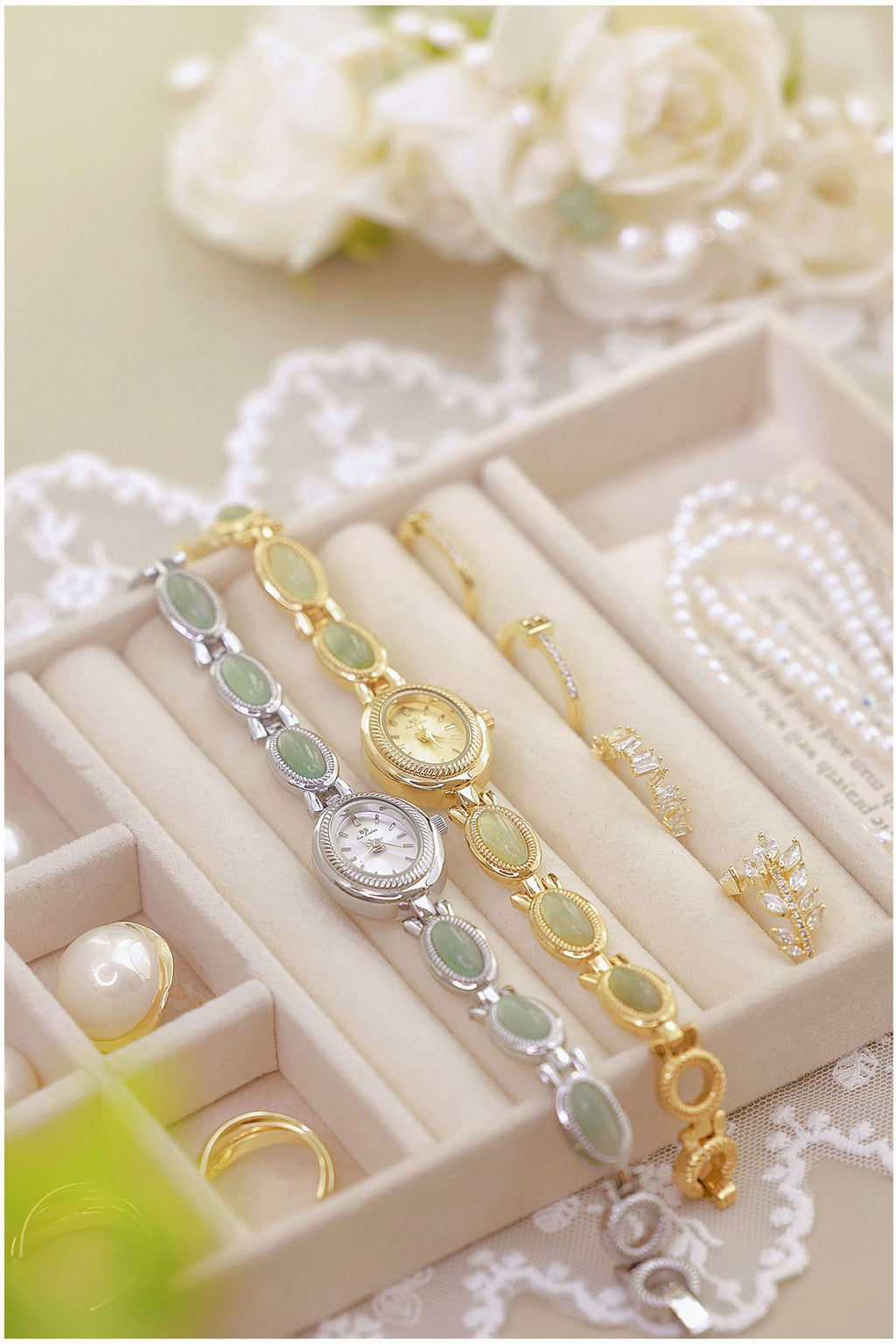 Oval Dial Green Gemstone Link Bracelet Watch