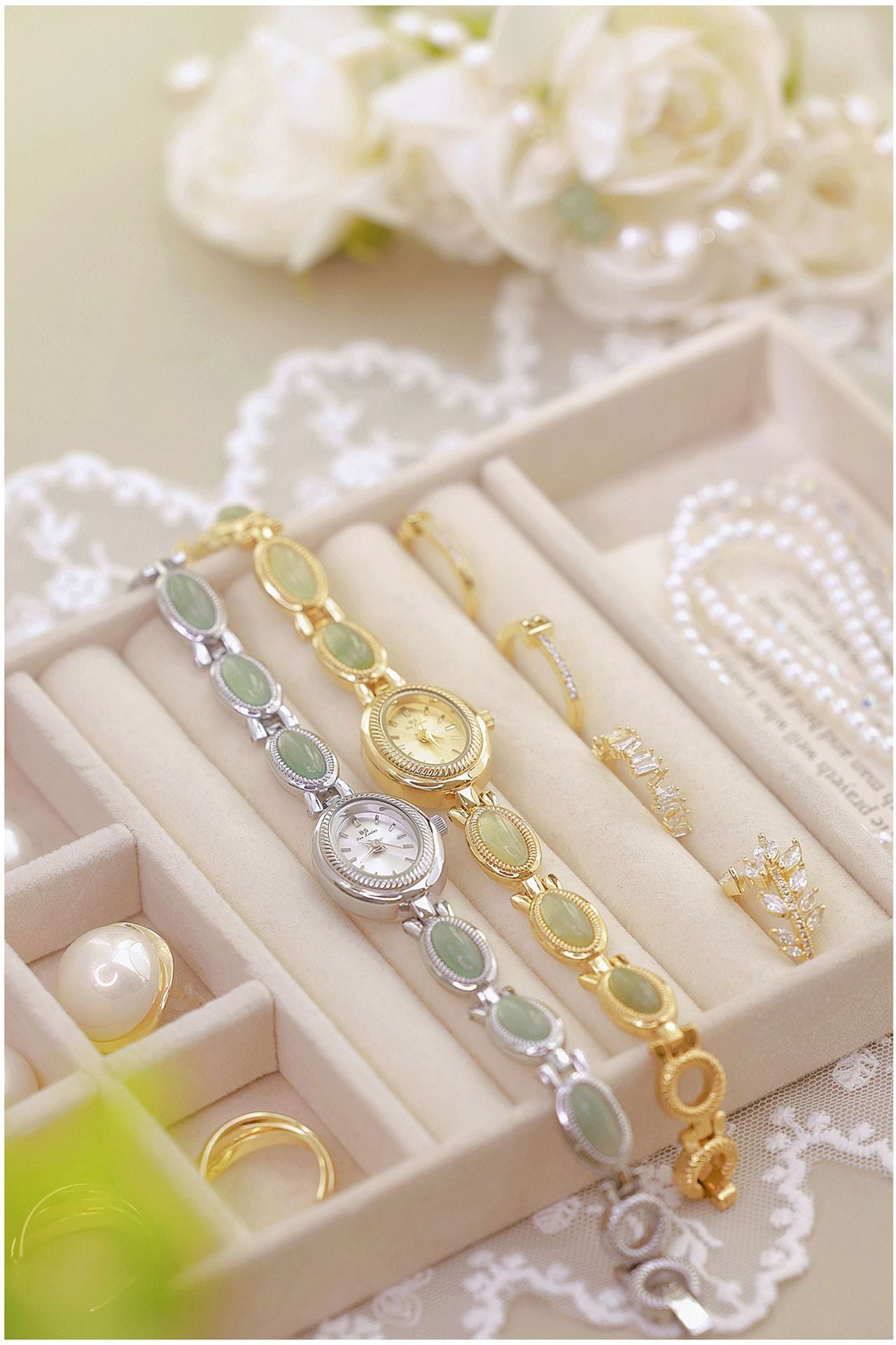 Oval Dial Green Gemstone Link Bracelet Watch
