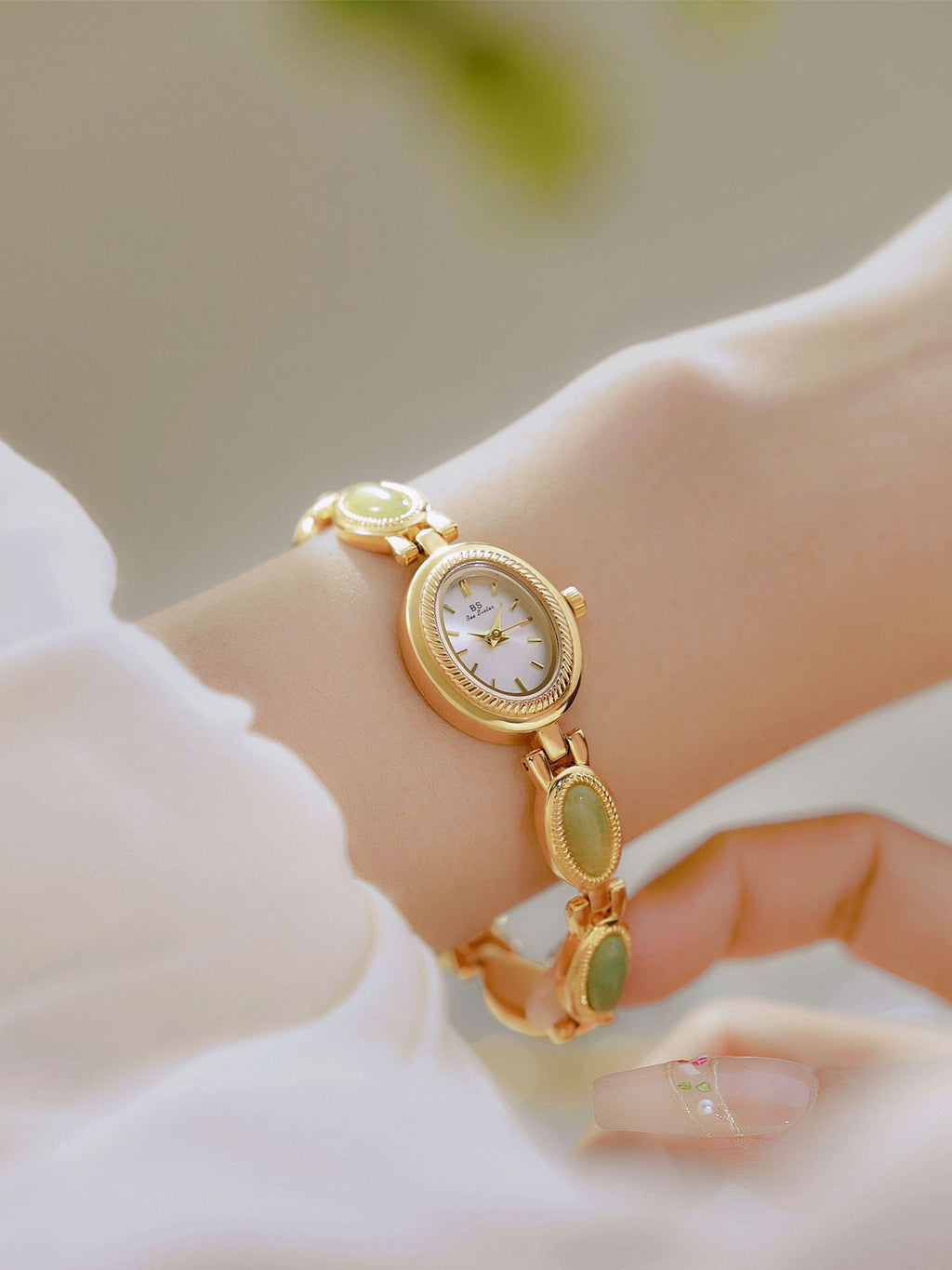 Oval Dial Green Gemstone Link Bracelet Watch