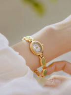 Oval Dial Green Gemstone Link Bracelet Watch