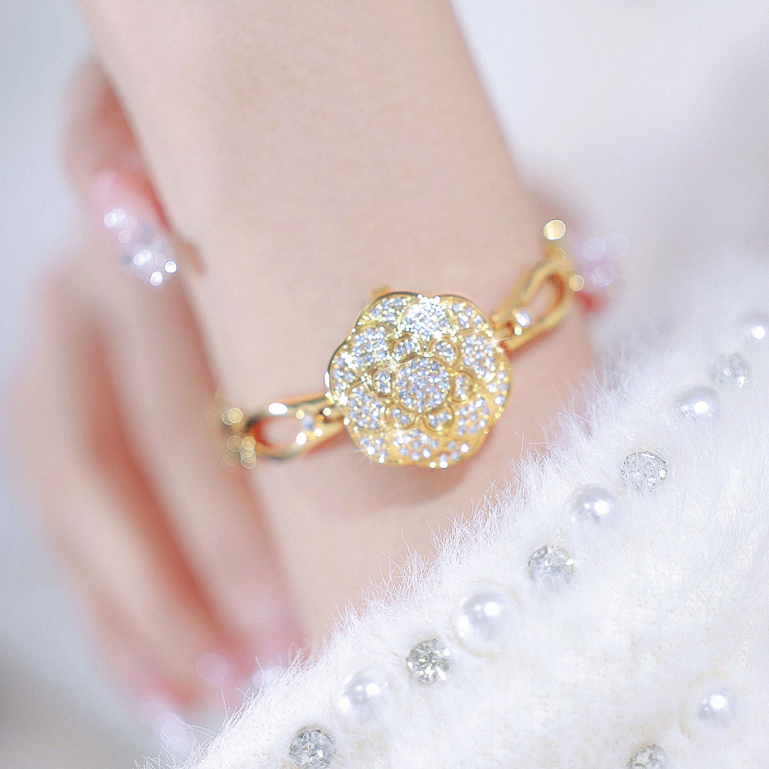 Floral Crystal Dial Link Watch