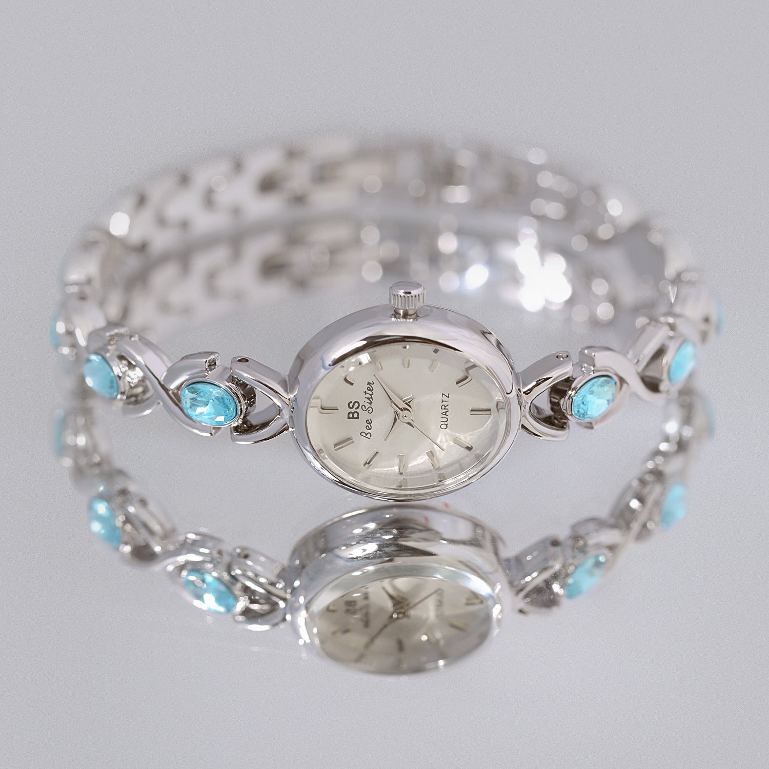 Round Dial Aquamarine Stone Link Bracelet Watch