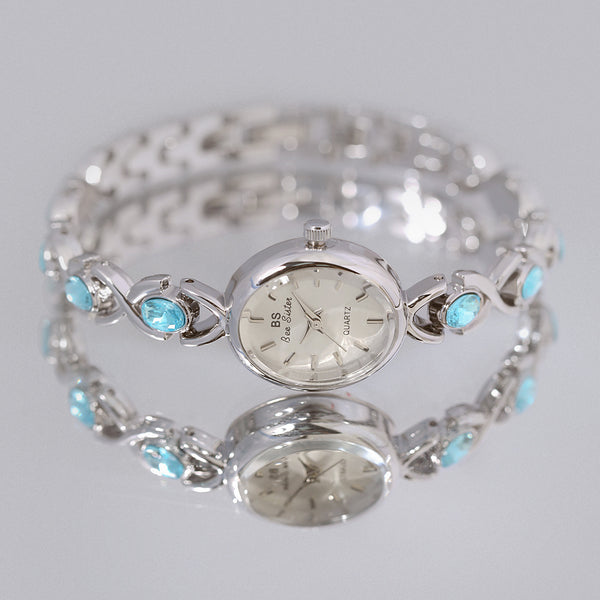 Round Dial Aquamarine Stone Link Bracelet Watch