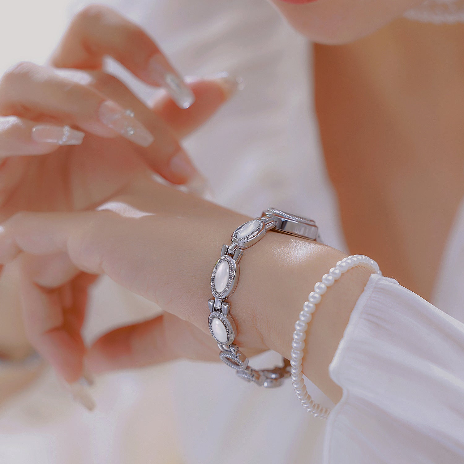 Oval Dial Gemstone Link Bracelet Watch