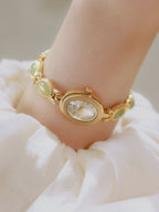 Oval Dial Green Gemstone Link Bracelet Watch