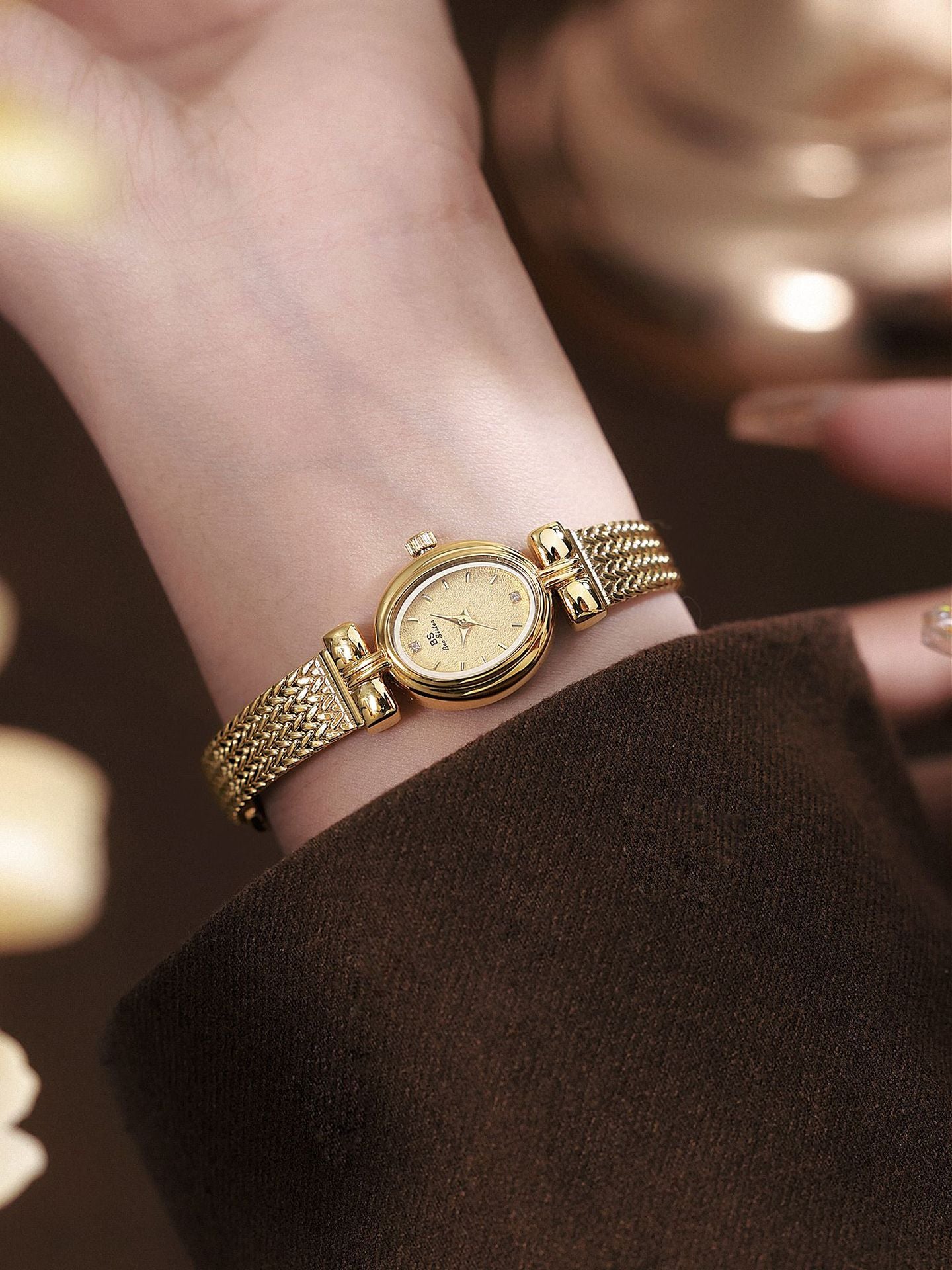 Oval Dial Diamond Accented Link Bracelet Watch