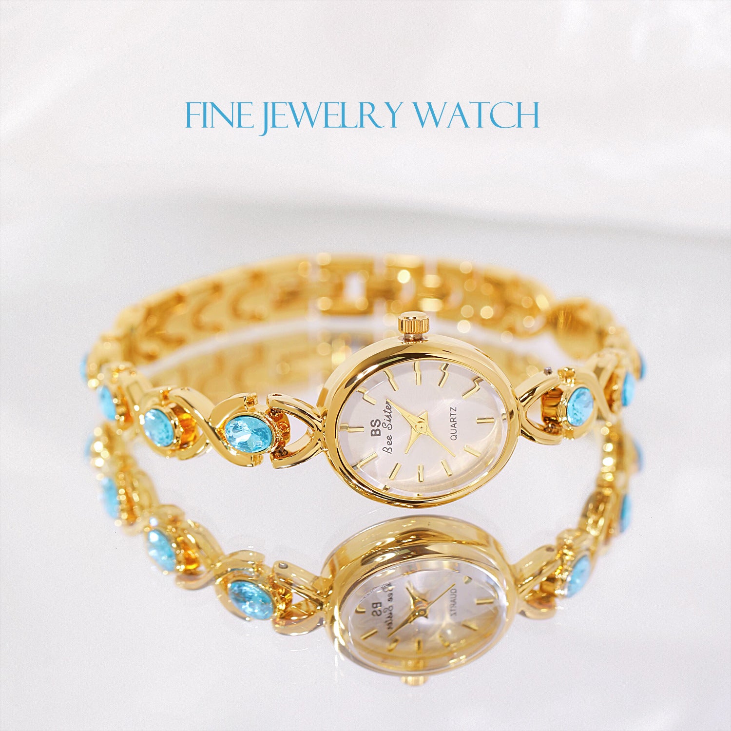Round Dial Aquamarine Stone Link Bracelet Watch