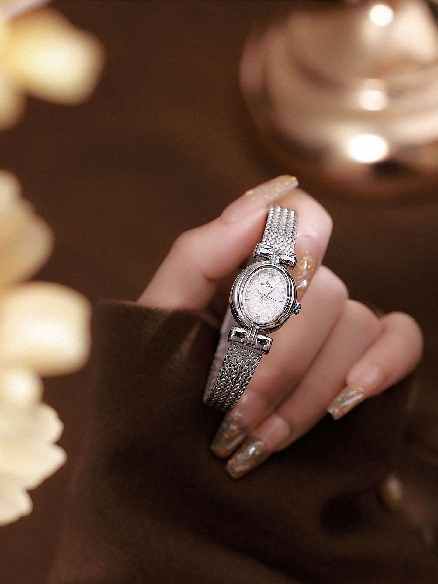 Oval Dial Diamond Accented Link Bracelet Watch