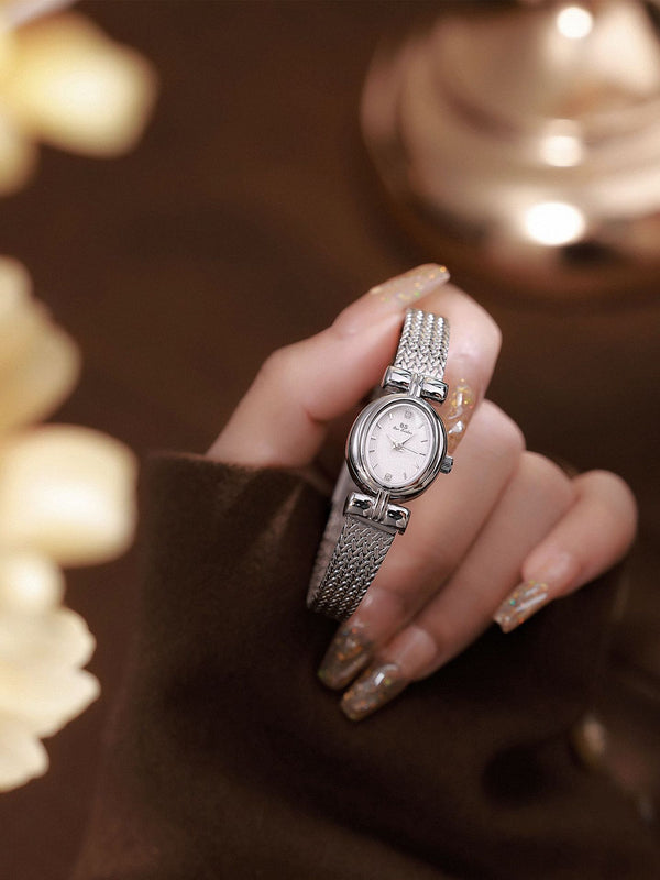 Oval Dial Diamond Accented Link Bracelet Watch
