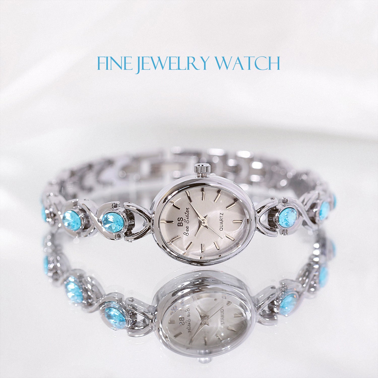 Round Dial Aquamarine Stone Link Bracelet Watch