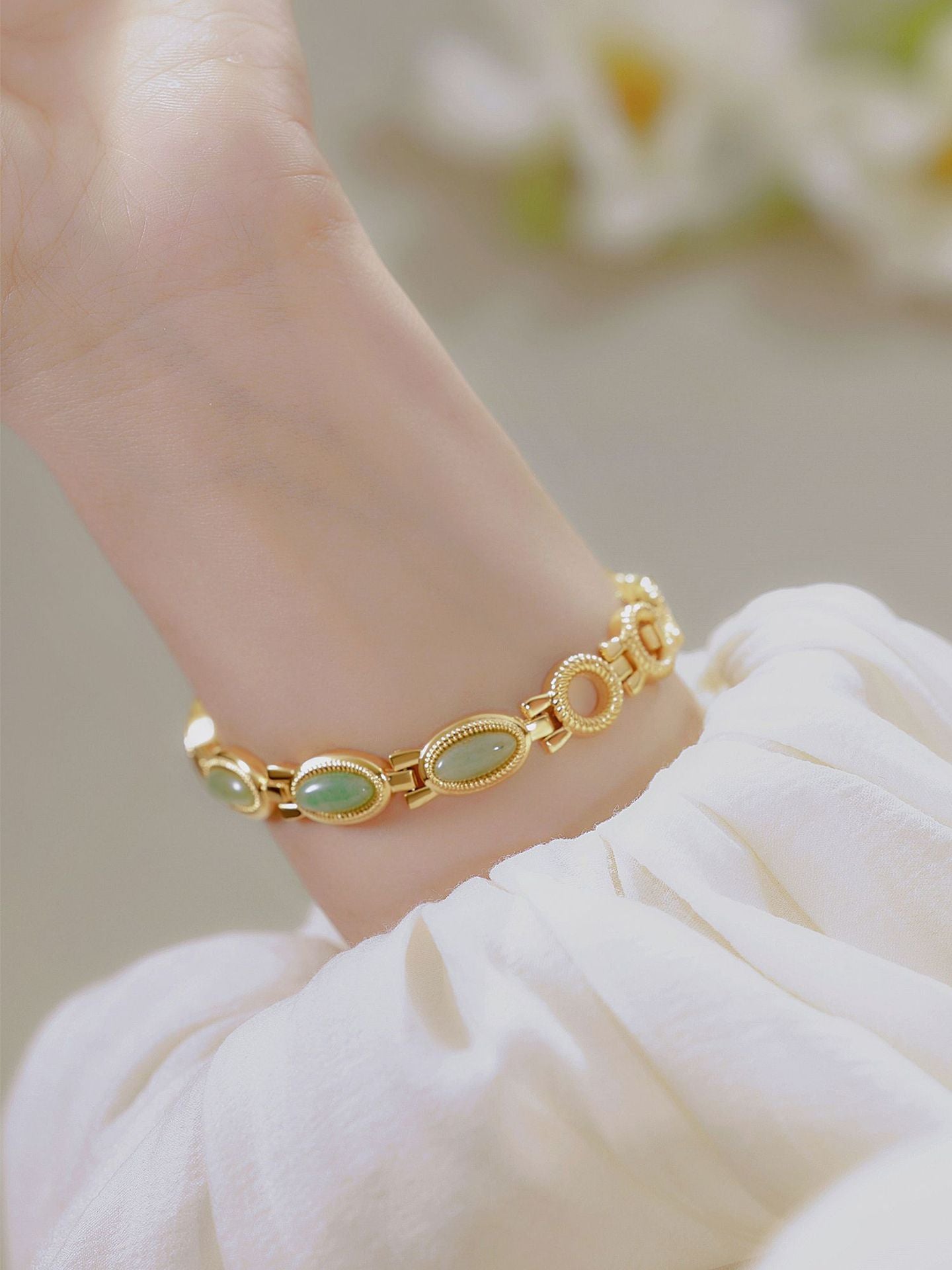 Oval Dial Green Gemstone Link Bracelet Watch