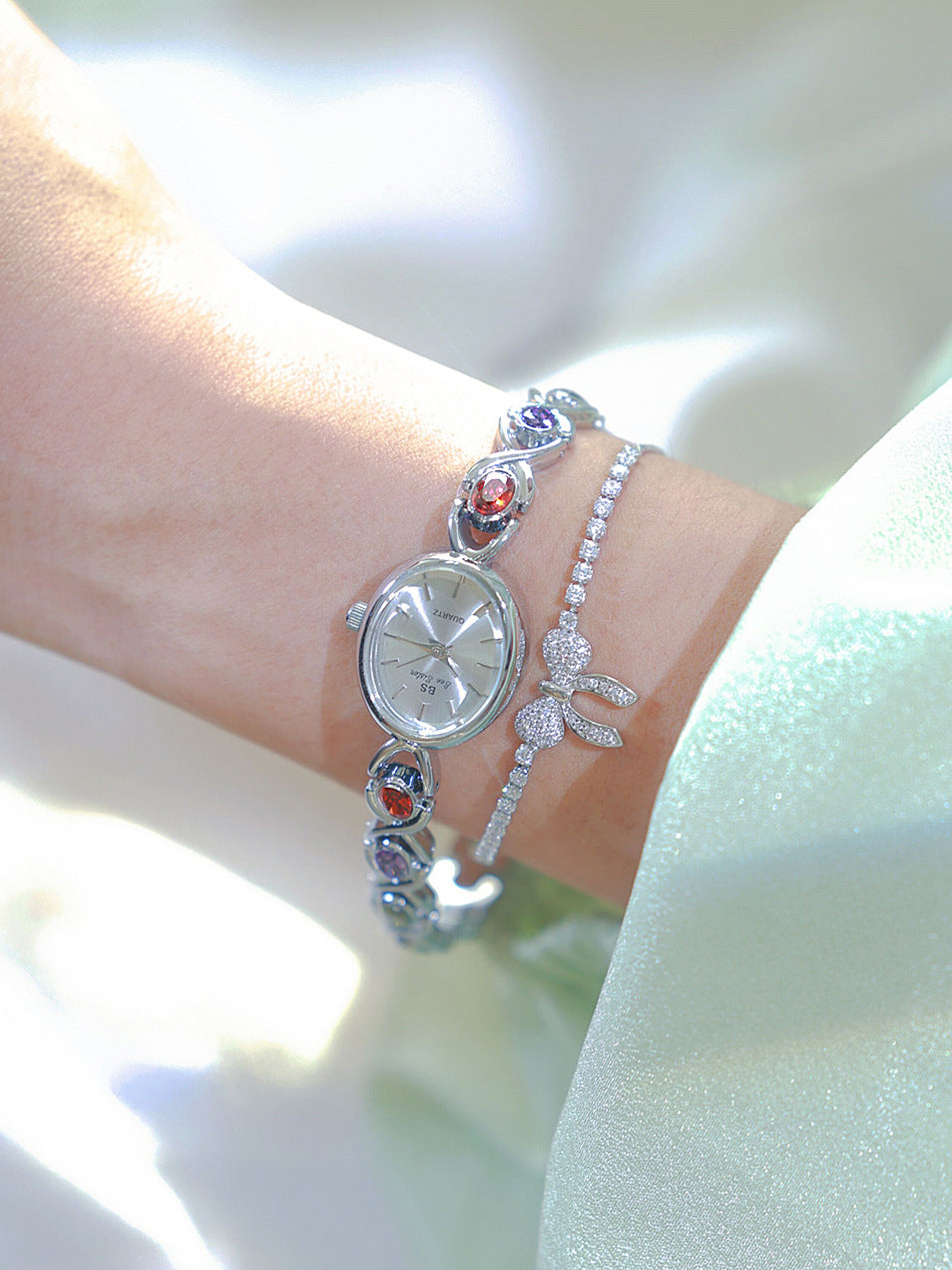 Oval Dial Multi-Gemstone Link Watch