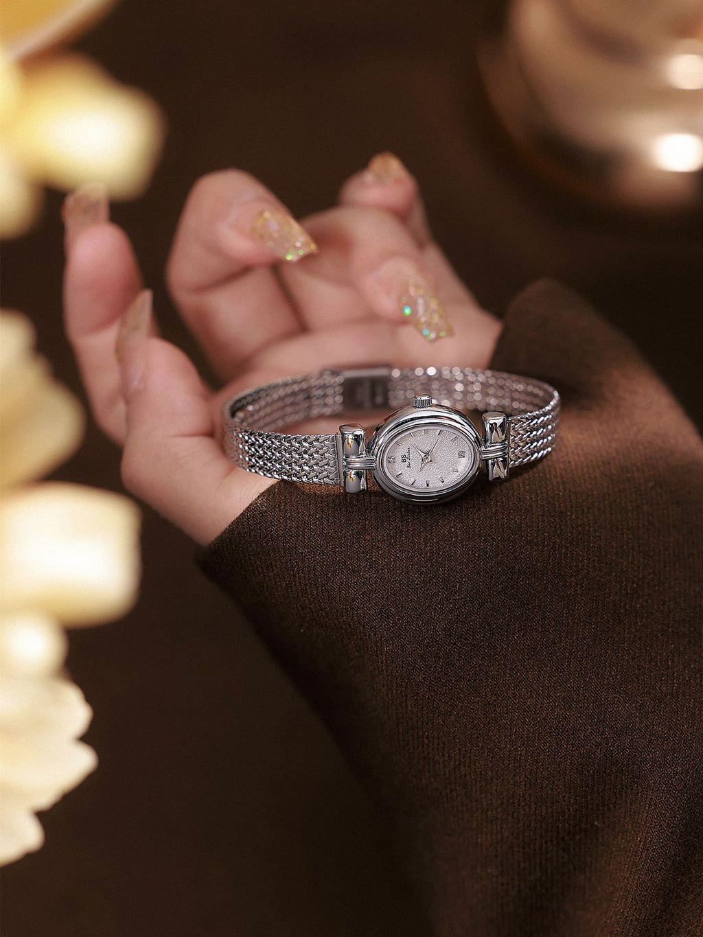 Oval Dial Diamond Accented Link Bracelet Watch