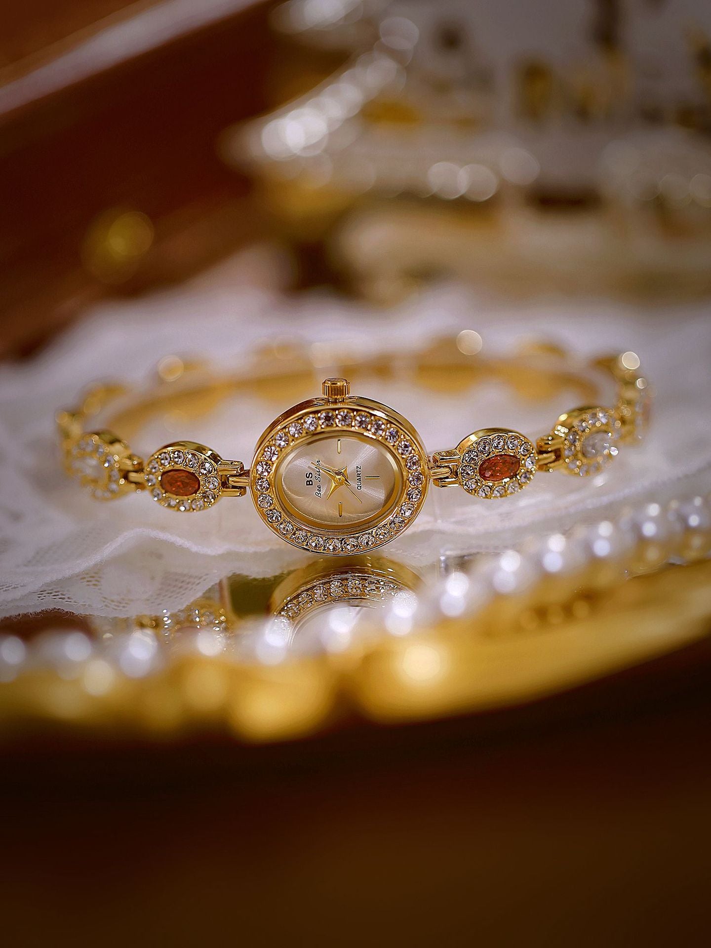 Oval Gemstone Crystal Link Bracelet Watch