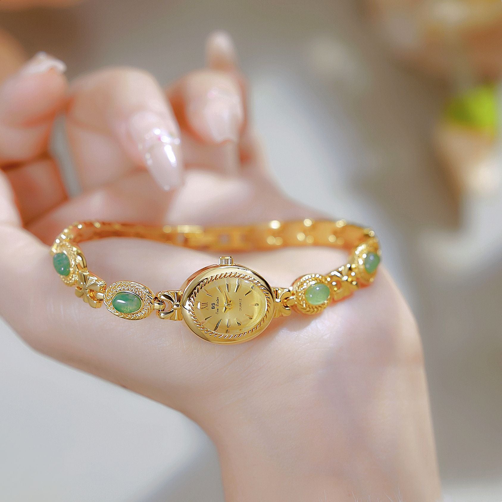 Oval Dial Gemstone Link Bracelet Watch