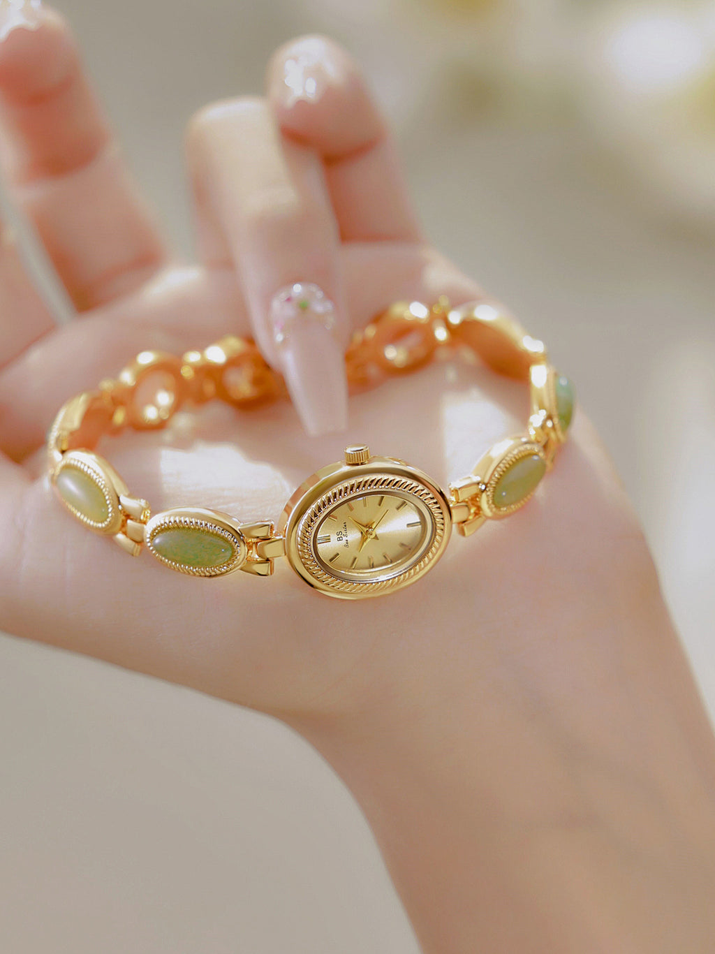 Oval Dial Green Gemstone Link Bracelet Watch