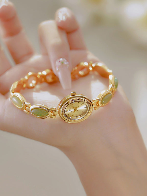 Oval Dial Green Gemstone Link Bracelet Watch