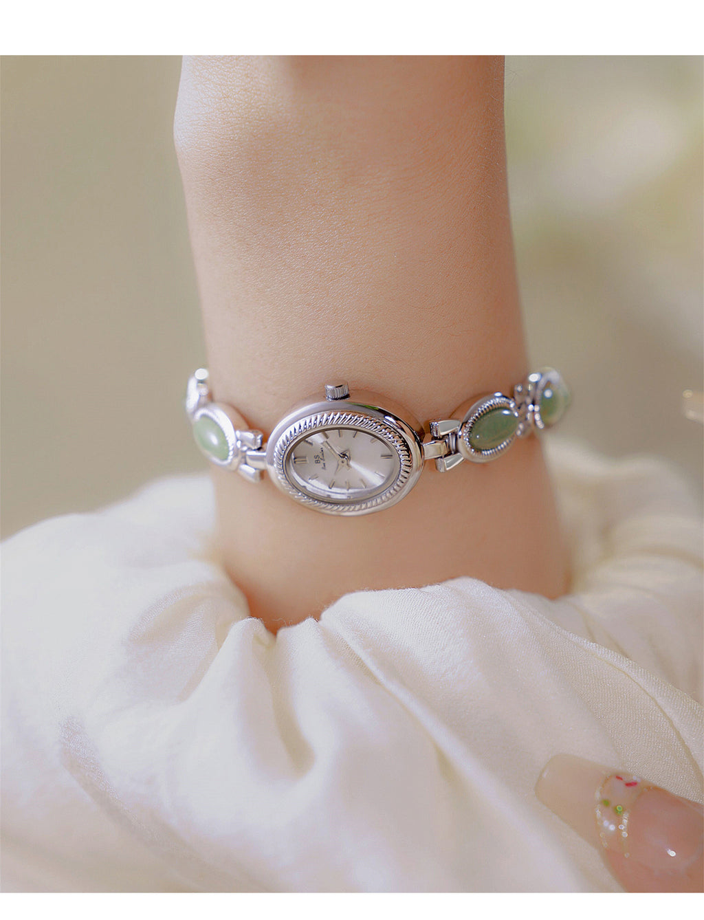 Oval Dial Green Gemstone Link Bracelet Watch