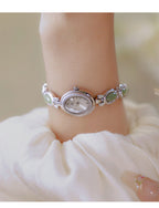 Oval Dial Green Gemstone Link Bracelet Watch