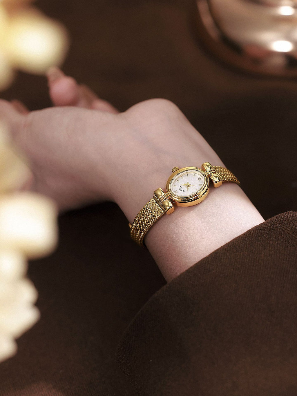 Oval Dial Diamond Accented Link Bracelet Watch
