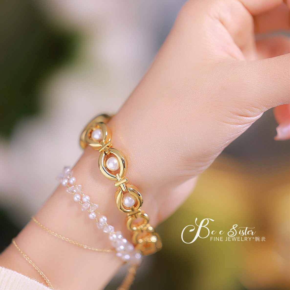 Oval Dial Pearl Link Bracelet Watch