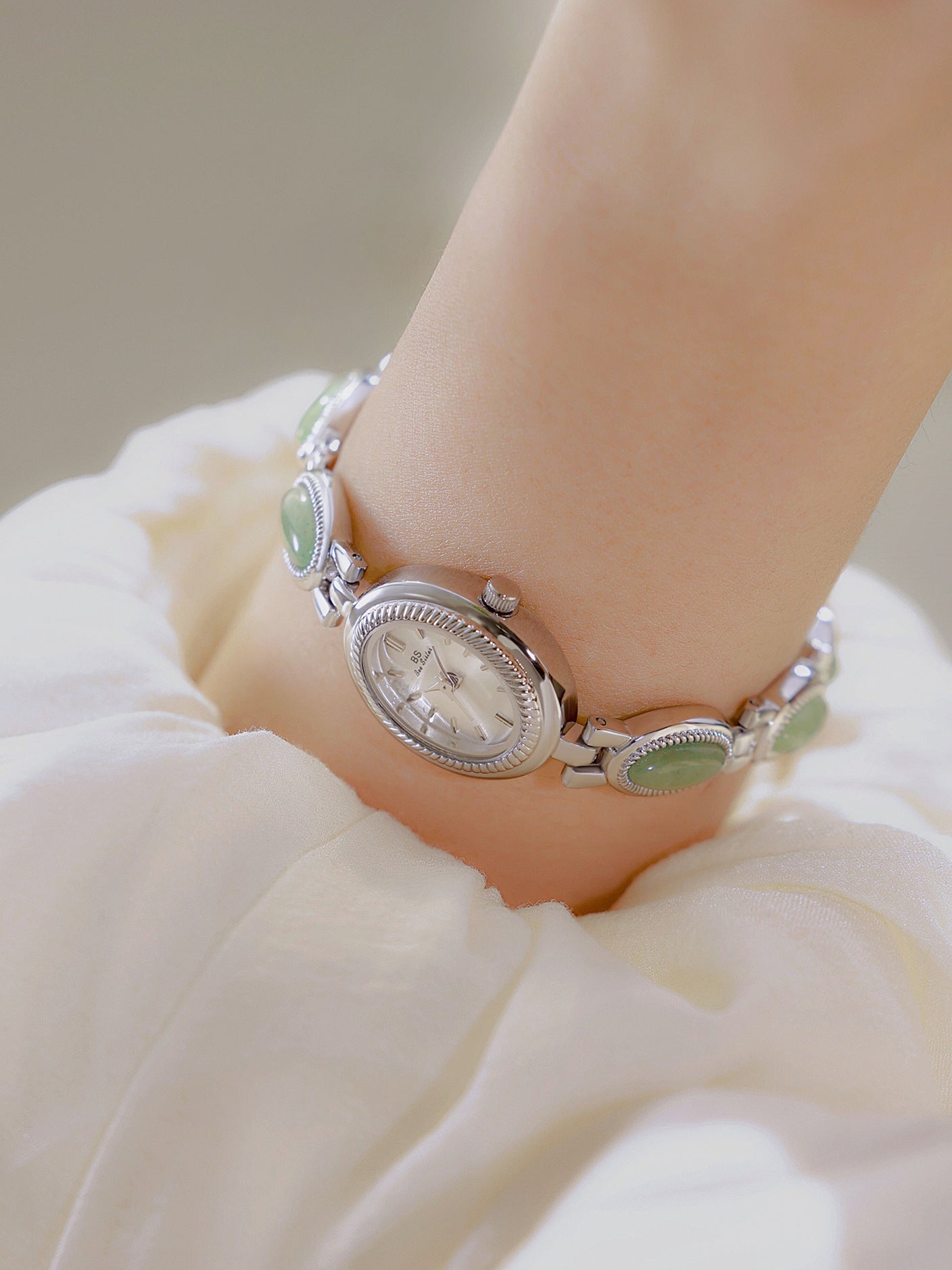 Oval Dial Green Gemstone Link Bracelet Watch