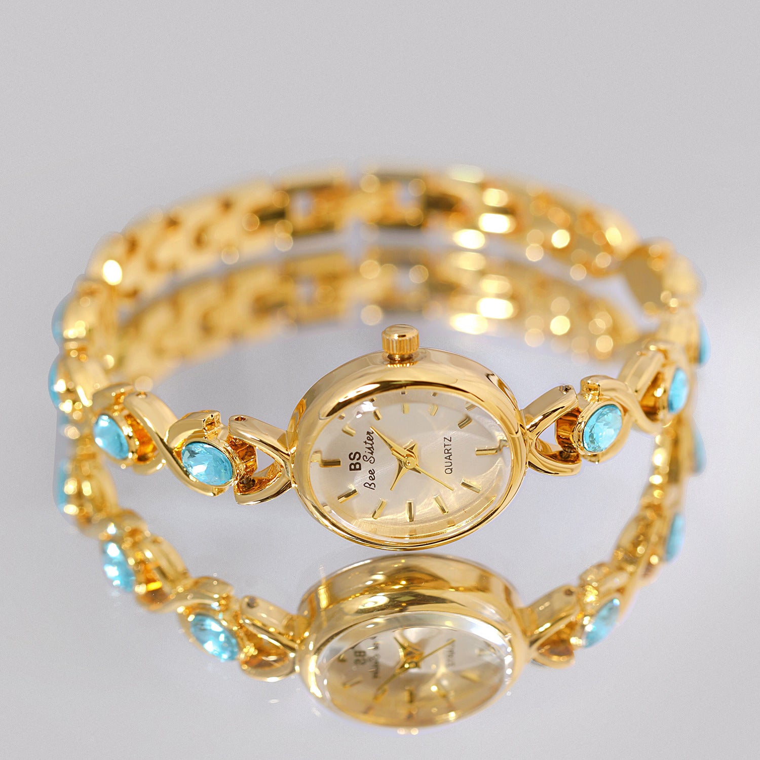 Round Dial Aquamarine Stone Link Bracelet Watch