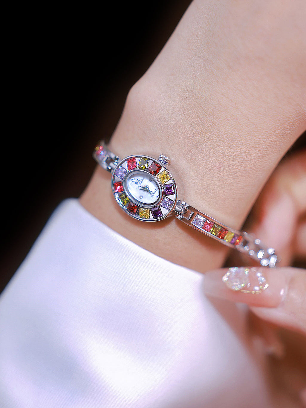 Oval Multi-Gemstone Bezel Bracelet Watch