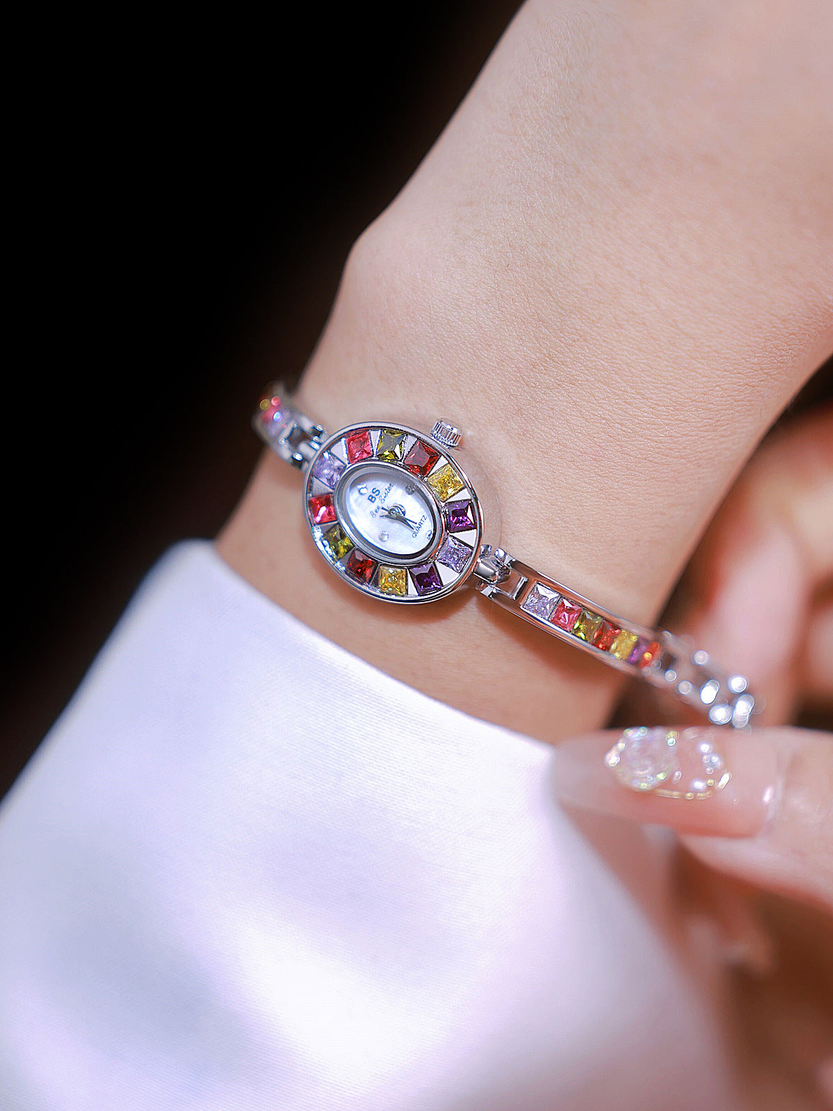Oval Multi-Gemstone Bezel Bracelet Watch