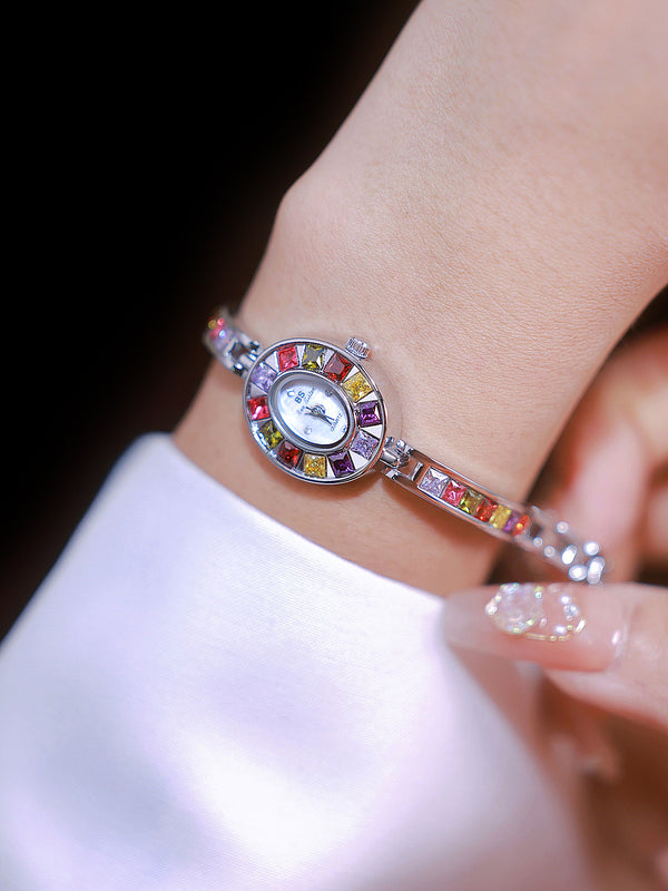 Oval Multi-Gemstone Bezel Bracelet Watch