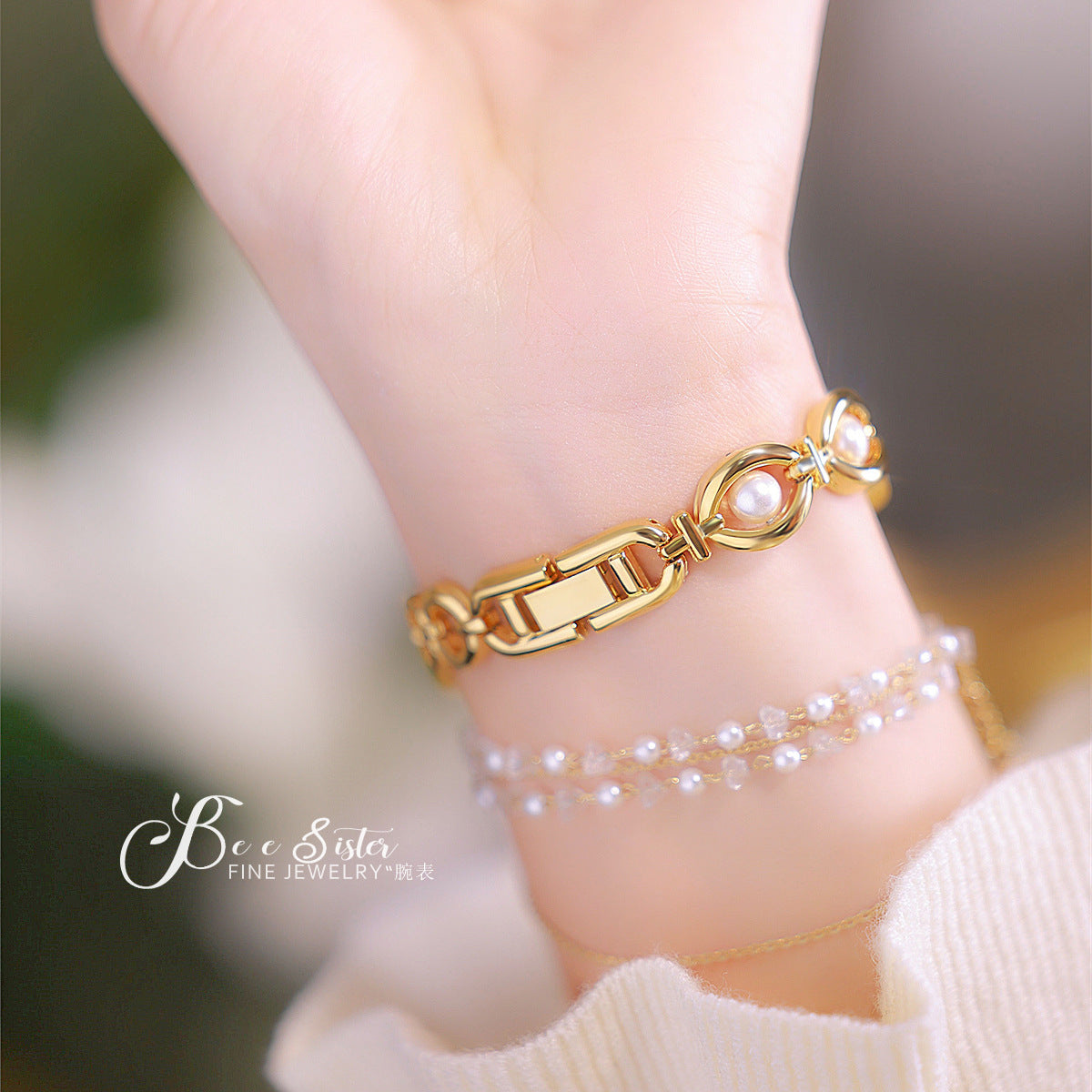Oval Dial Pearl Link Bracelet Watch