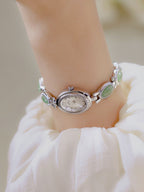 Oval Dial Green Gemstone Link Bracelet Watch