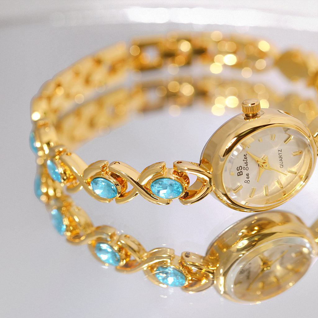 Round Dial Aquamarine Stone Link Bracelet Watch