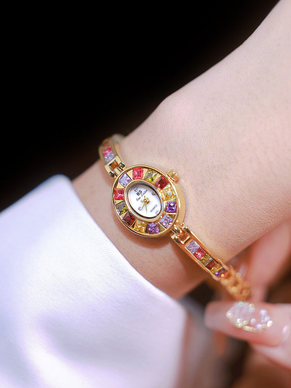 Oval Multi-Gemstone Bezel Bracelet Watch