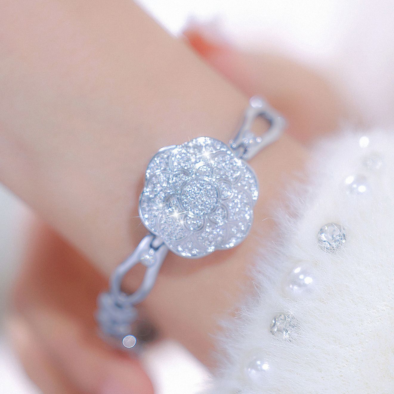 Floral Crystal Dial Link Watch
