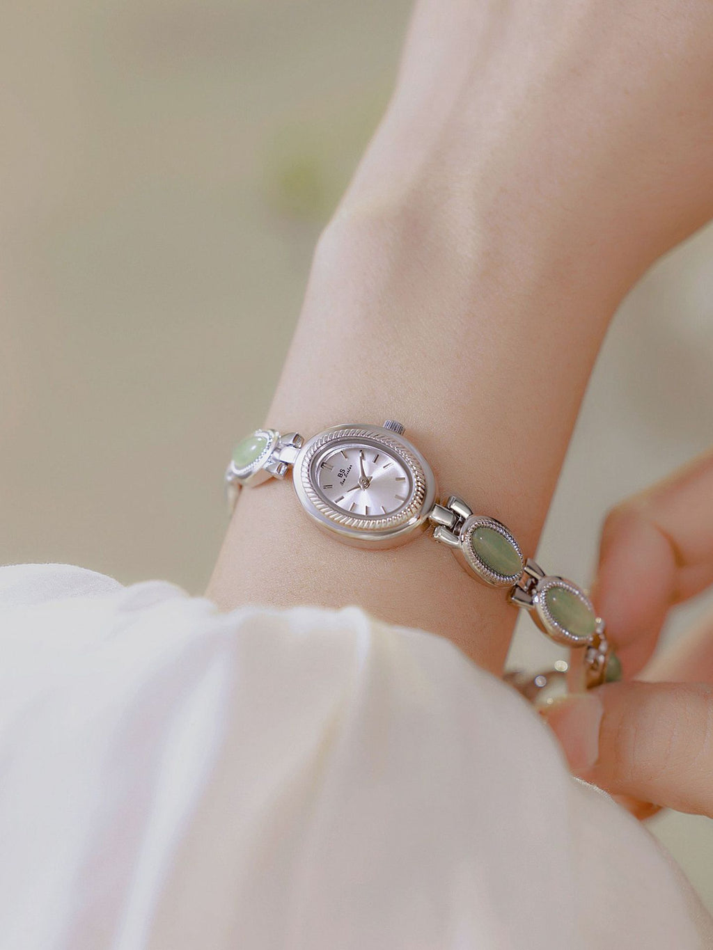 Oval Dial Green Gemstone Link Bracelet Watch