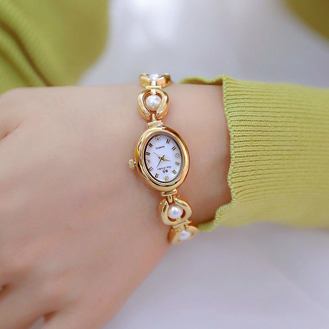 Oval Dial Pearl Link Bracelet Watch