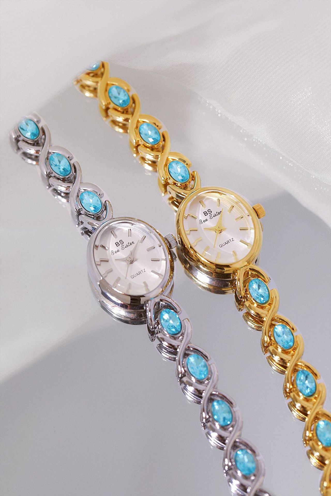Round Dial Aquamarine Stone Link Bracelet Watch