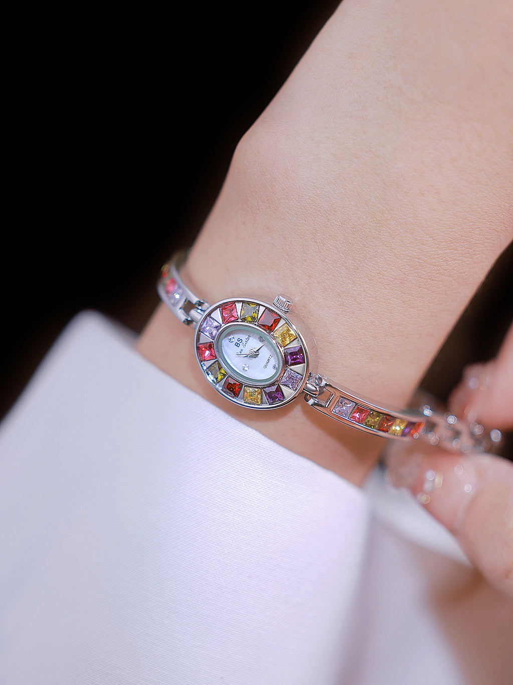 Oval Multi-Gemstone Bezel Bracelet Watch