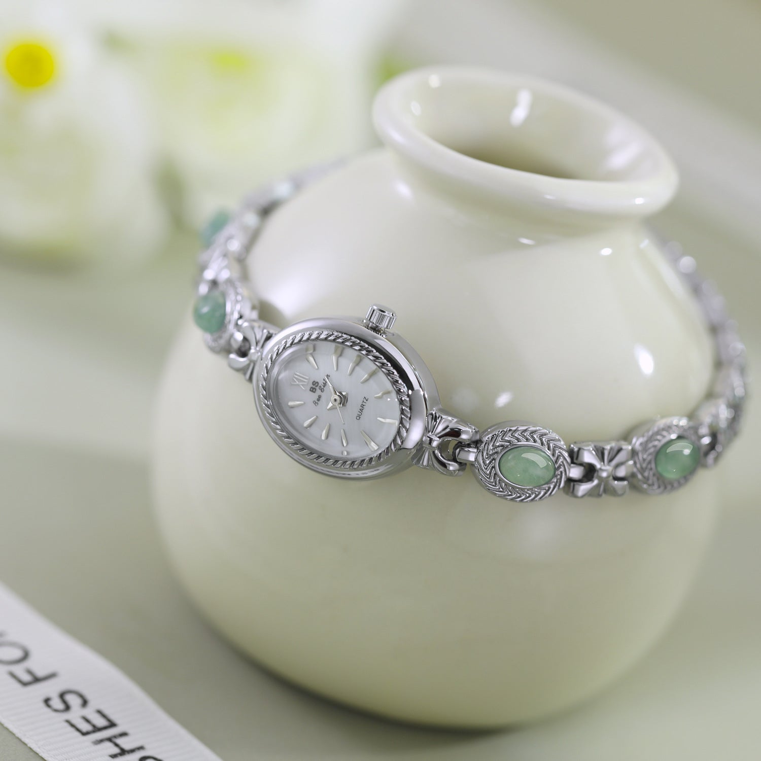 Oval Dial Gemstone Link Bracelet Watch