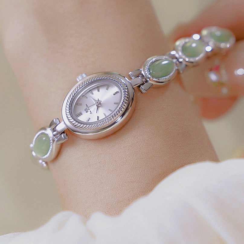 Oval Dial Green Gemstone Link Bracelet Watch