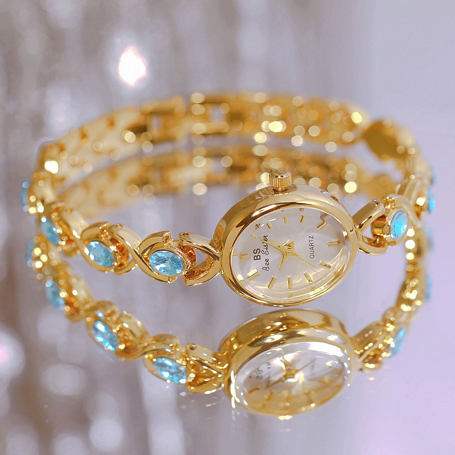 Round Dial Aquamarine Stone Link Bracelet Watch