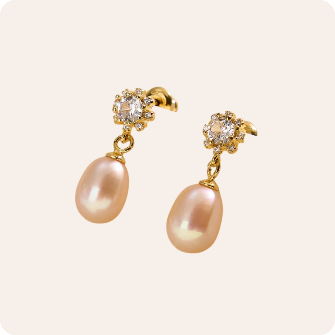 1k Gold Pearl Zircon Bridal Drop Earrings