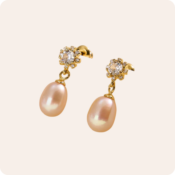 1k Gold Pearl Zircon Bridal Drop Earrings