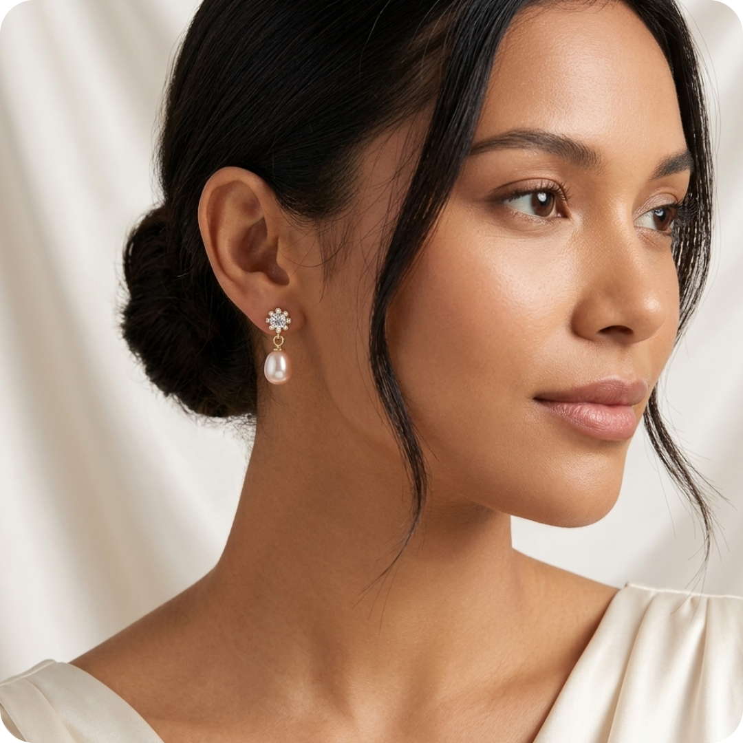 1k Gold Pearl Zircon Bridal Drop Earrings