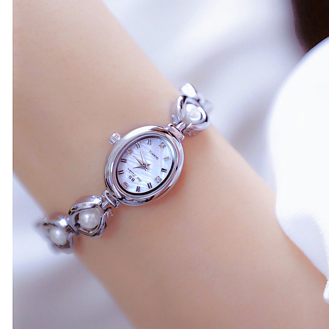 Oval Dial Pearl Link Bracelet Watch