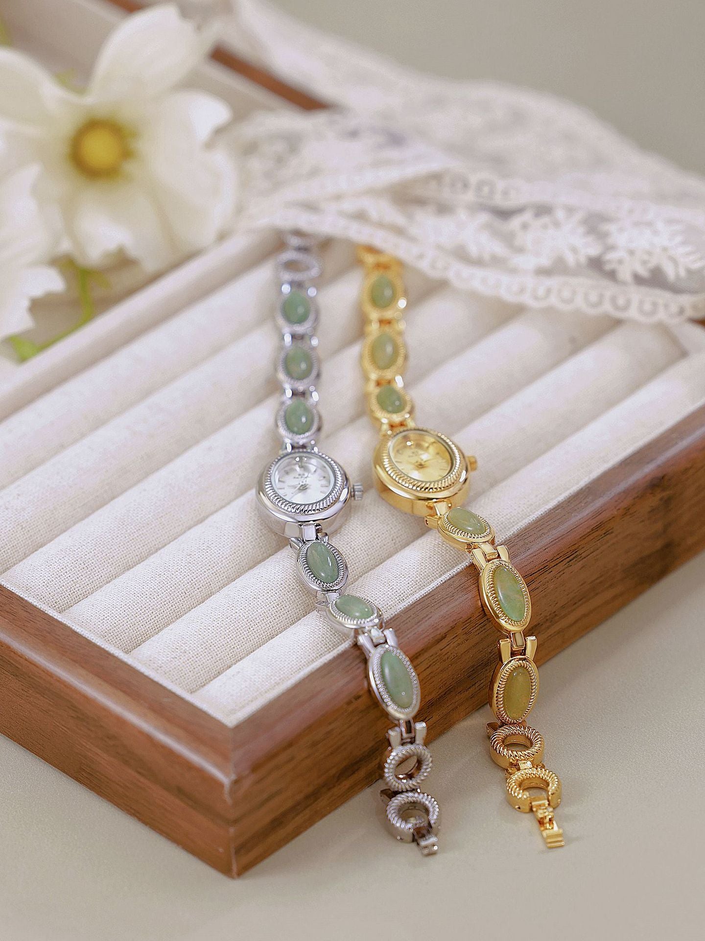 Oval Dial Green Gemstone Link Bracelet Watch
