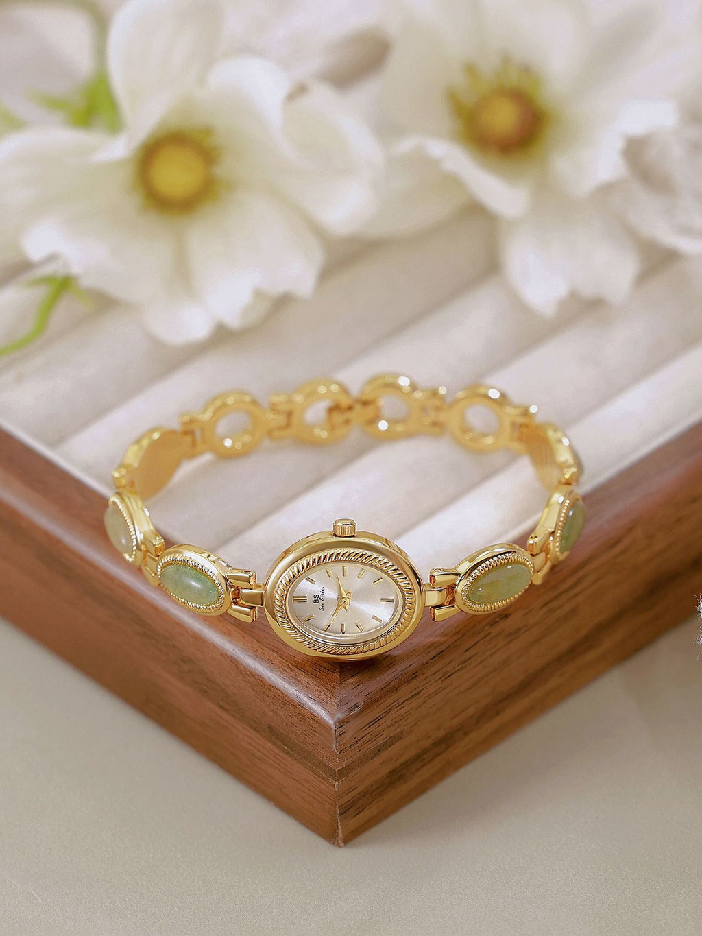 Oval Dial Green Gemstone Link Bracelet Watch