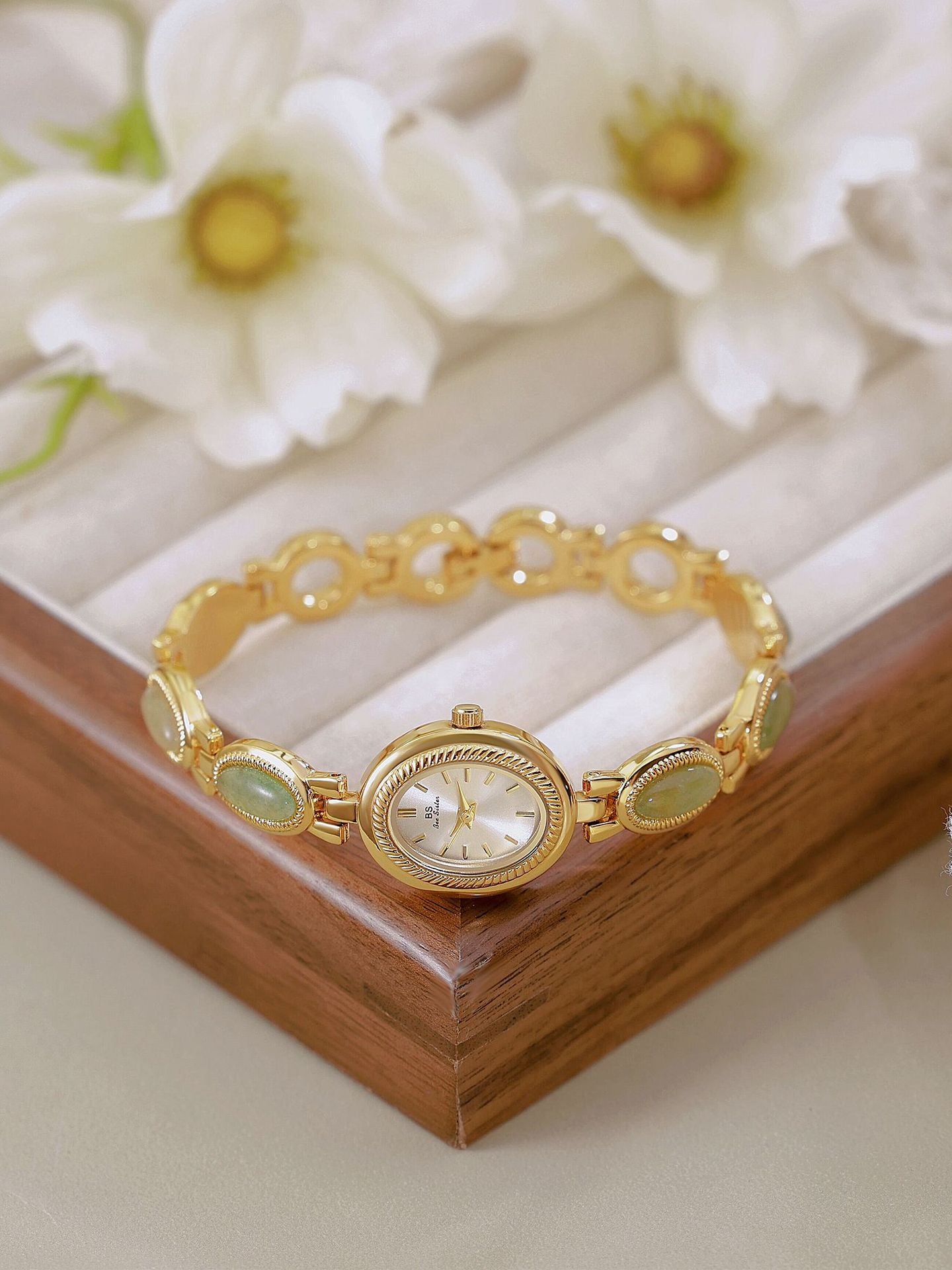 Oval Dial Green Gemstone Link Bracelet Watch